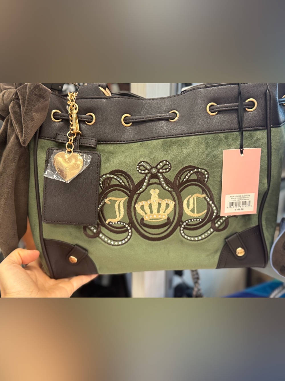 Juicy Couture Olive Green and Dark Brown Shoulder Bag with Gold Charm Accent